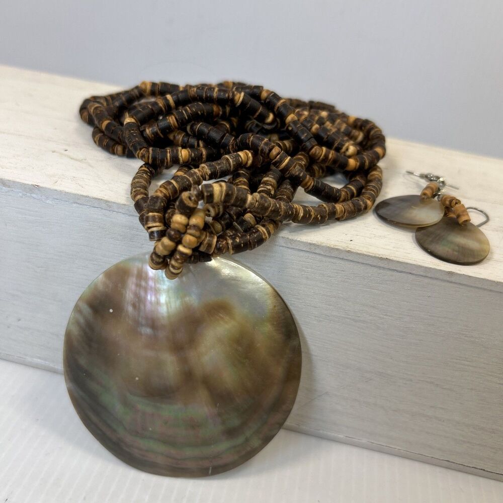 Abalone Shell Pendant, Coconut, Wood Bead, Necklace Earrings Set Boho Beach